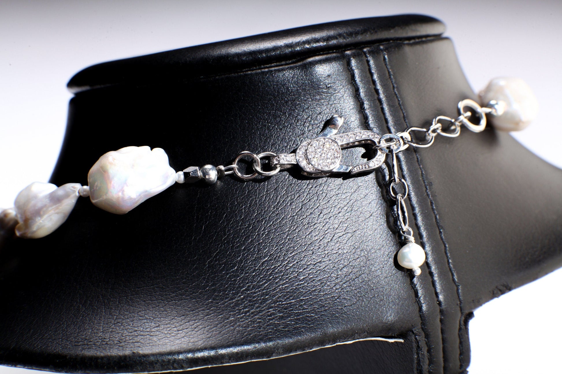 Baroque Pearl 14x20mm Necklace, 2mm Freshwater Spacers, Marcasite Style Pave Bead, CZ White Gold Plated Lobster Clasp 19" with 2" Extension