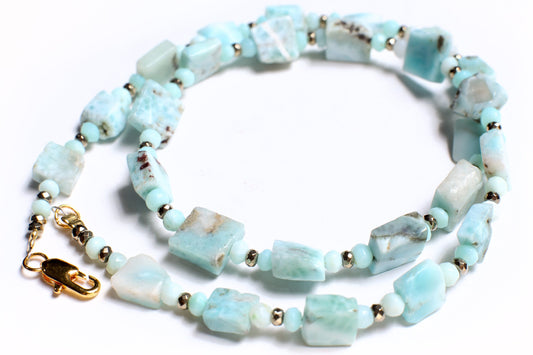 Natural Larimar raw free form 10mm Square with Larimar Rondelle and Pyrite Spacers ,14K Gold Filled Clasp 18.5&quot; Handmade Necklace, Healing