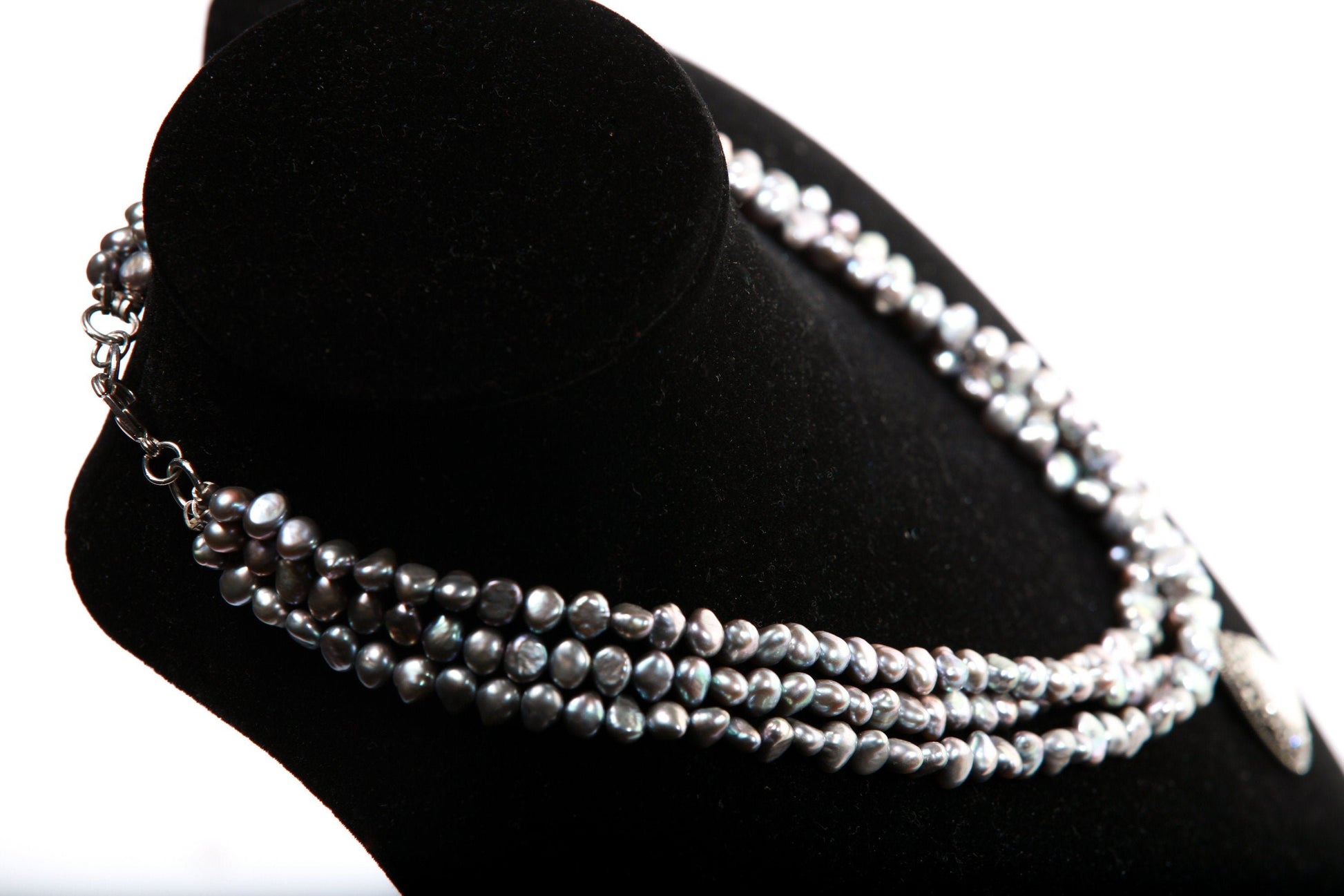 Natural Freshwater Gray Pearl High Luster Triple Strand Necklace, Freshwater 12mm Coin Pearl & Rhinestone Inlaid Pendant, 17"+2" Extender