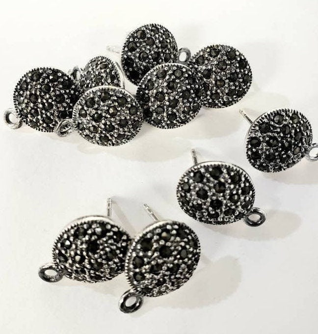 Marcasite 925 sterling silver 12mm disc earrings post with butterfly clutch, vintage, earrings making findings 1 pair, 2 pieces.