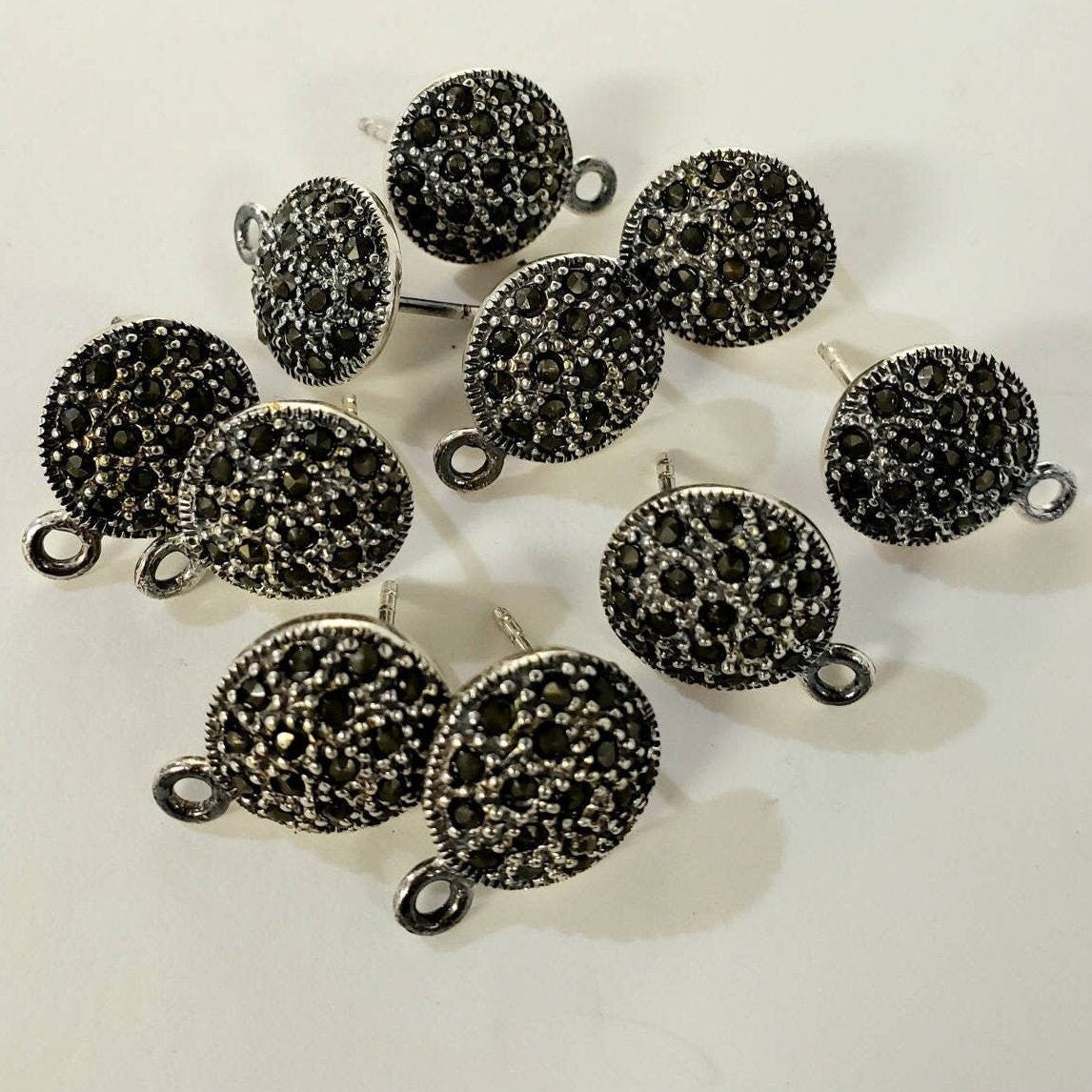 Marcasite 925 sterling silver 12mm disc earrings post with butterfly clutch, vintage, earrings making findings 1 pair, 2 pieces.