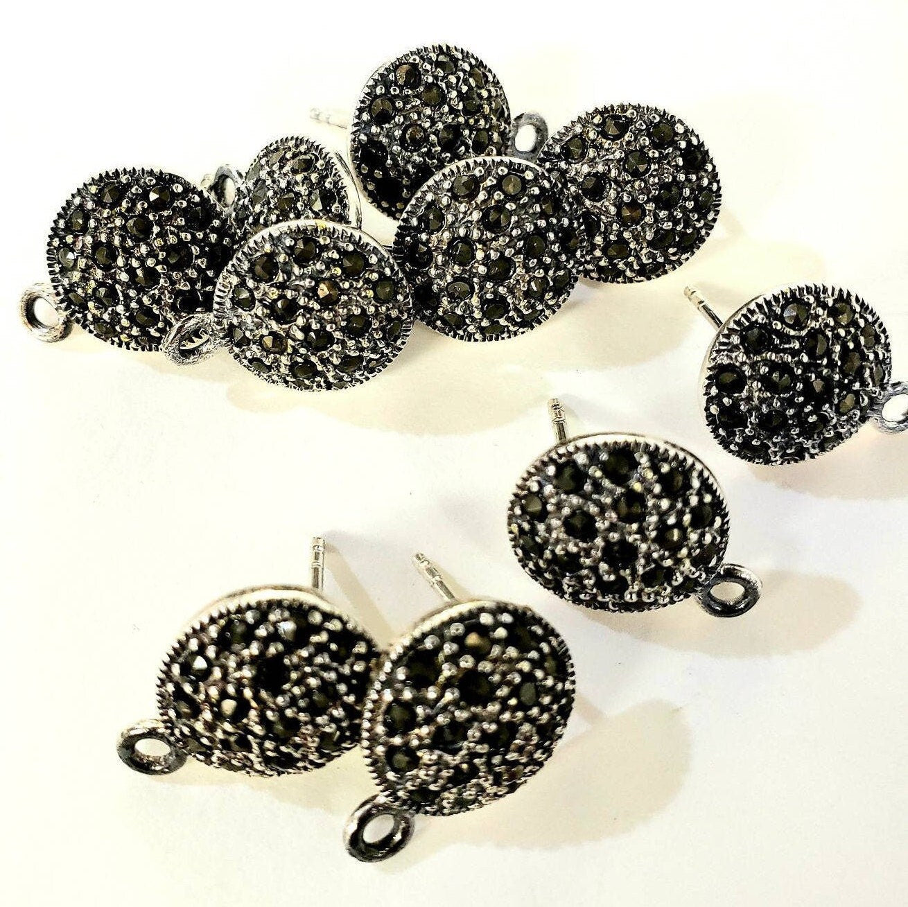 Marcasite 925 sterling silver 12mm disc earrings post with butterfly clutch, vintage, earrings making findings 1 pair, 2 pieces.