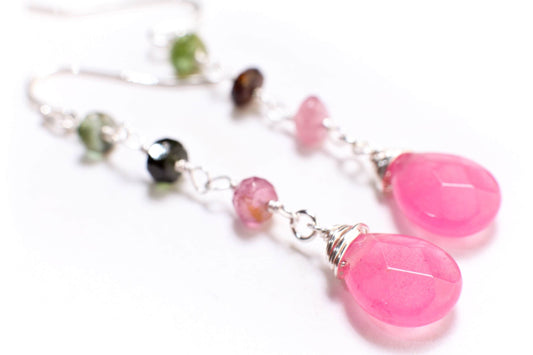 Watermelon Tourmaline Wire Wrapped Dangling Soft Pink Quartz Teardrop Earrings in 925 Sterling Silver Earwire, Handmade Gift for Her