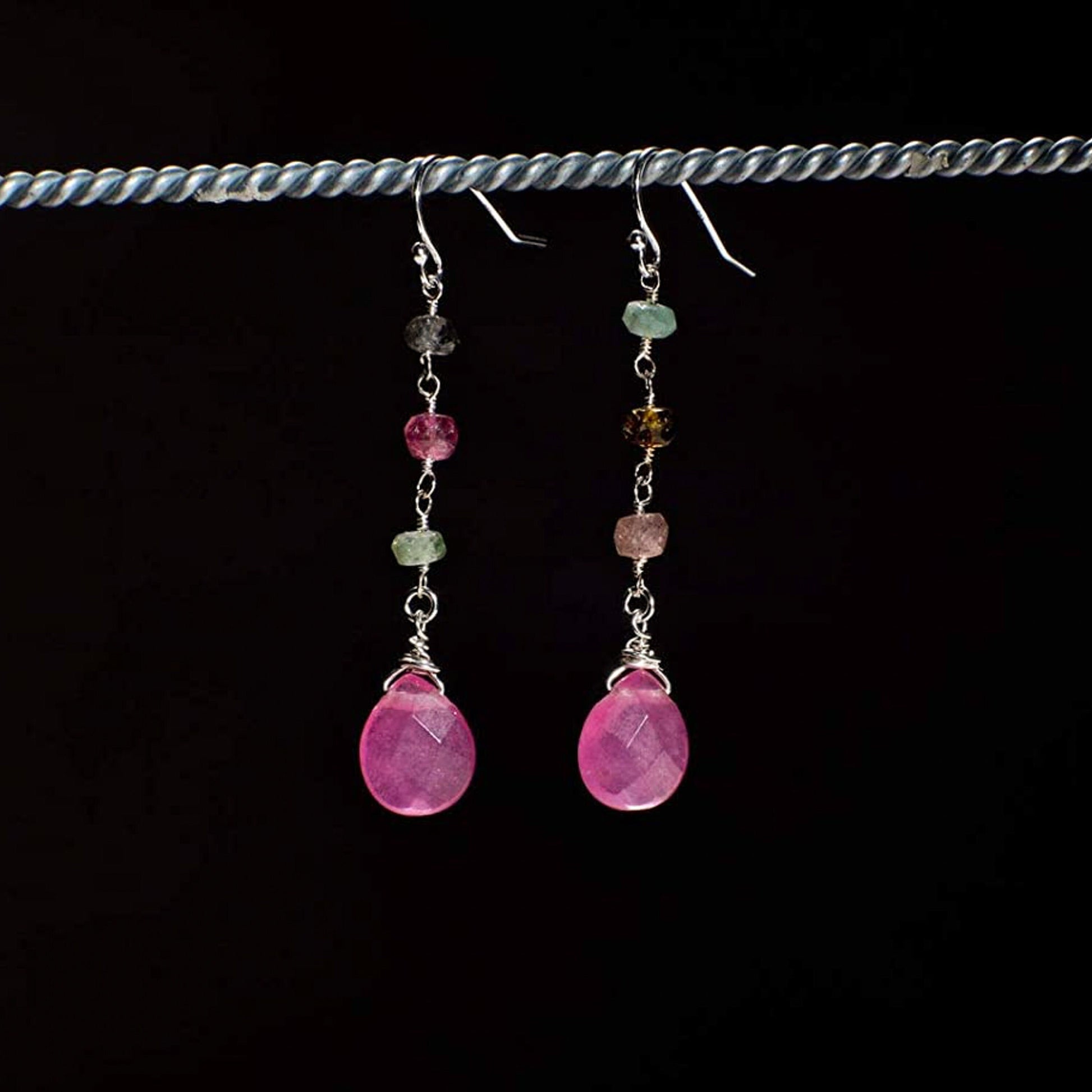 Watermelon Tourmaline Wire Wrapped Dangling Soft Pink Quartz Teardrop Earrings in 925 Sterling Silver Earwire, Handmade Gift for Her