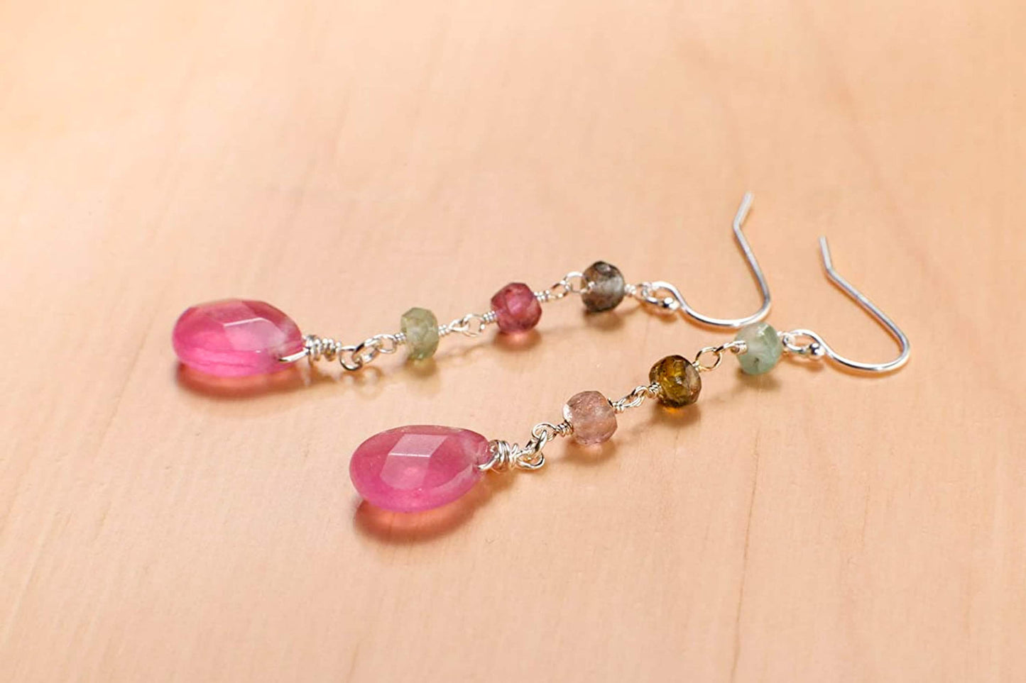 Watermelon Tourmaline Wire Wrapped Dangling Soft Pink Quartz Teardrop Earrings in 925 Sterling Silver Earwire, Handmade Gift for Her