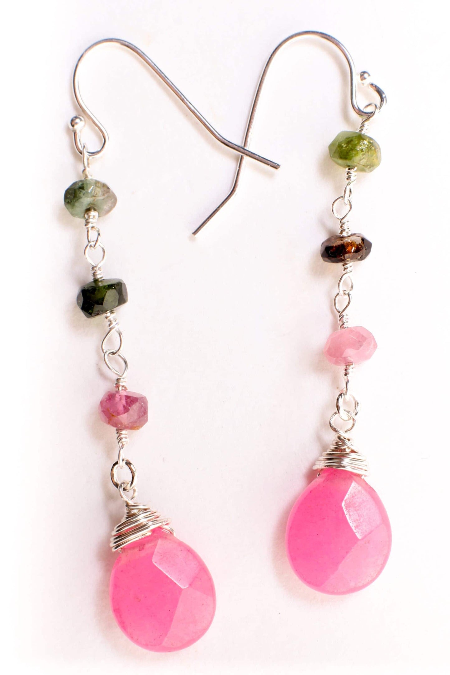 Watermelon Tourmaline Wire Wrapped Dangling Soft Pink Quartz Teardrop Earrings in 925 Sterling Silver Earwire, Handmade Gift for Her