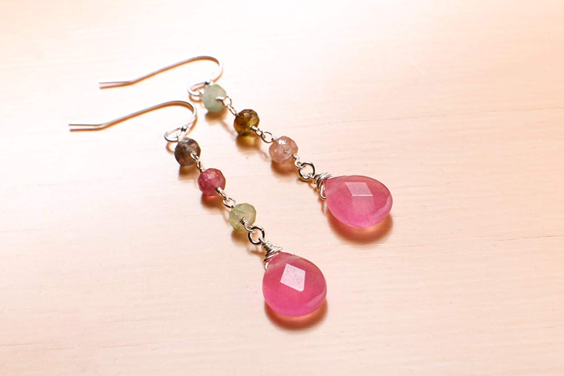 Watermelon Tourmaline Wire Wrapped Dangling Soft Pink Quartz Teardrop Earrings in 925 Sterling Silver Earwire, Handmade Gift for Her