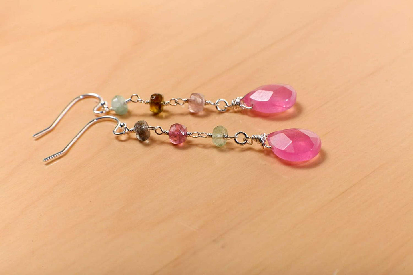 Watermelon Tourmaline Wire Wrapped Dangling Soft Pink Quartz Teardrop Earrings in 925 Sterling Silver Earwire, Handmade Gift for Her