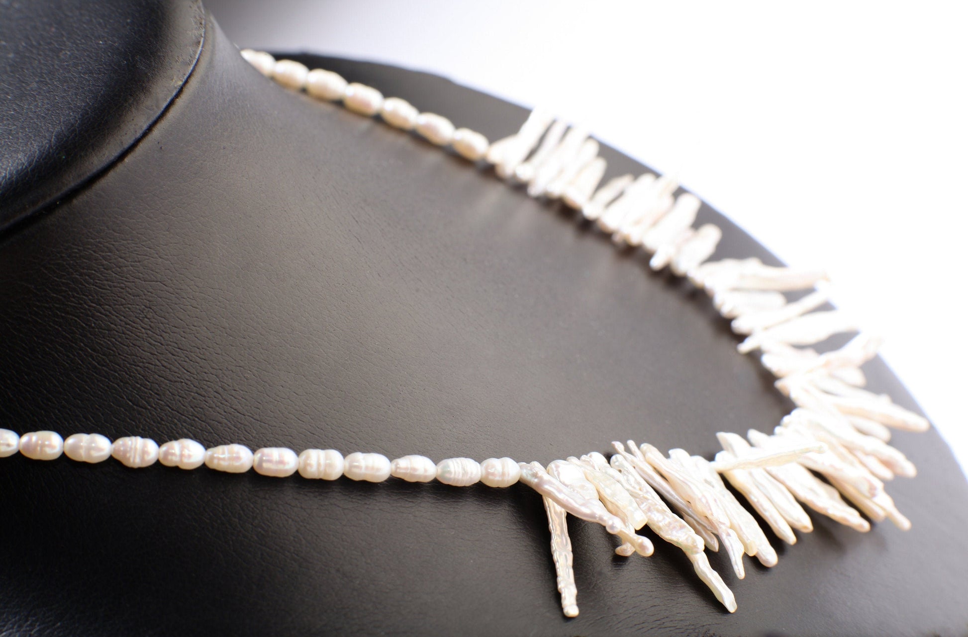 Natural Japanese Fresh Water Biwa Stick Pearl and Potato Pearl Necklace in 925 Sterling Silver Lobster Clasp,pic shown 19" with 2" Extension
