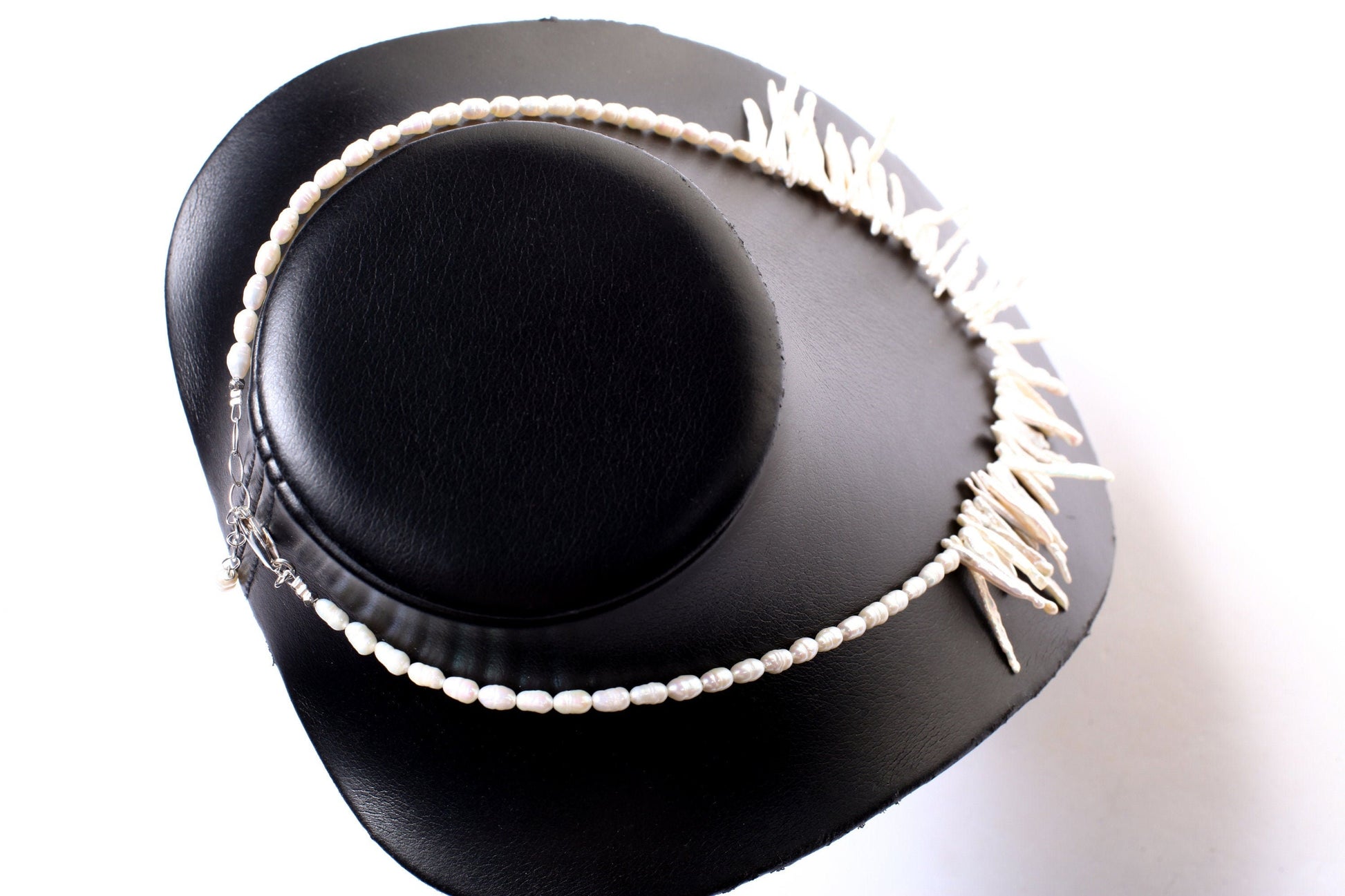 Natural Japanese Fresh Water Biwa Stick Pearl and Potato Pearl Necklace in 925 Sterling Silver Lobster Clasp,pic shown 19" with 2" Extension