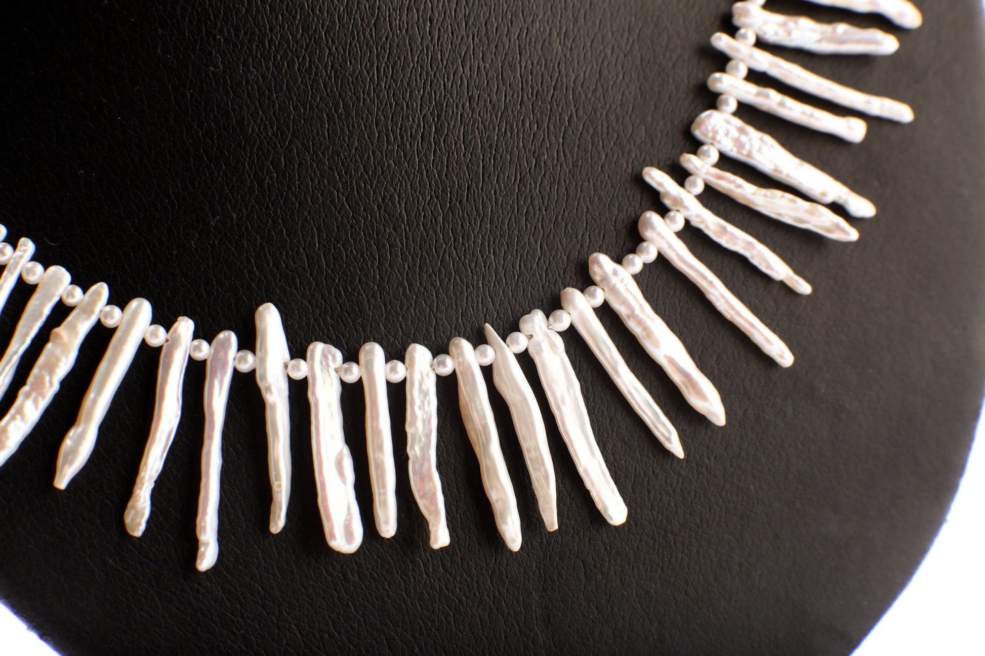 Natural Japanese Fresh Water Biwa Stick Pearl and Potato Pearl Necklace in 925 Sterling Silver Hook & Eye Clasp, Pic shown 22" Necklace
