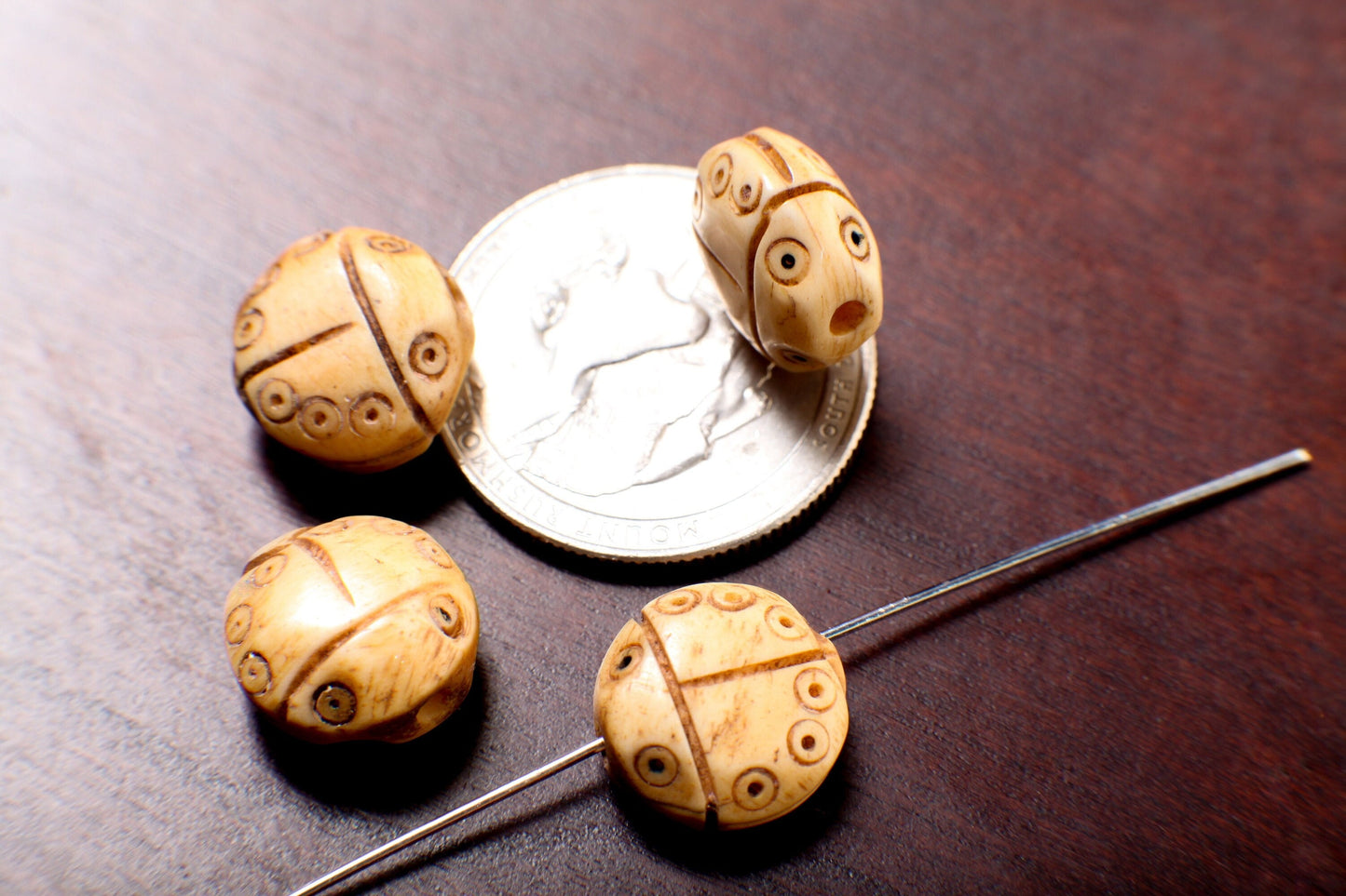 Carved Buffalo Bone Hand Craved Lady Bug, 12mm Top To Bottom Drilled Polished Double Sided Puffed Handcrafted Bead Charm, Art Deco