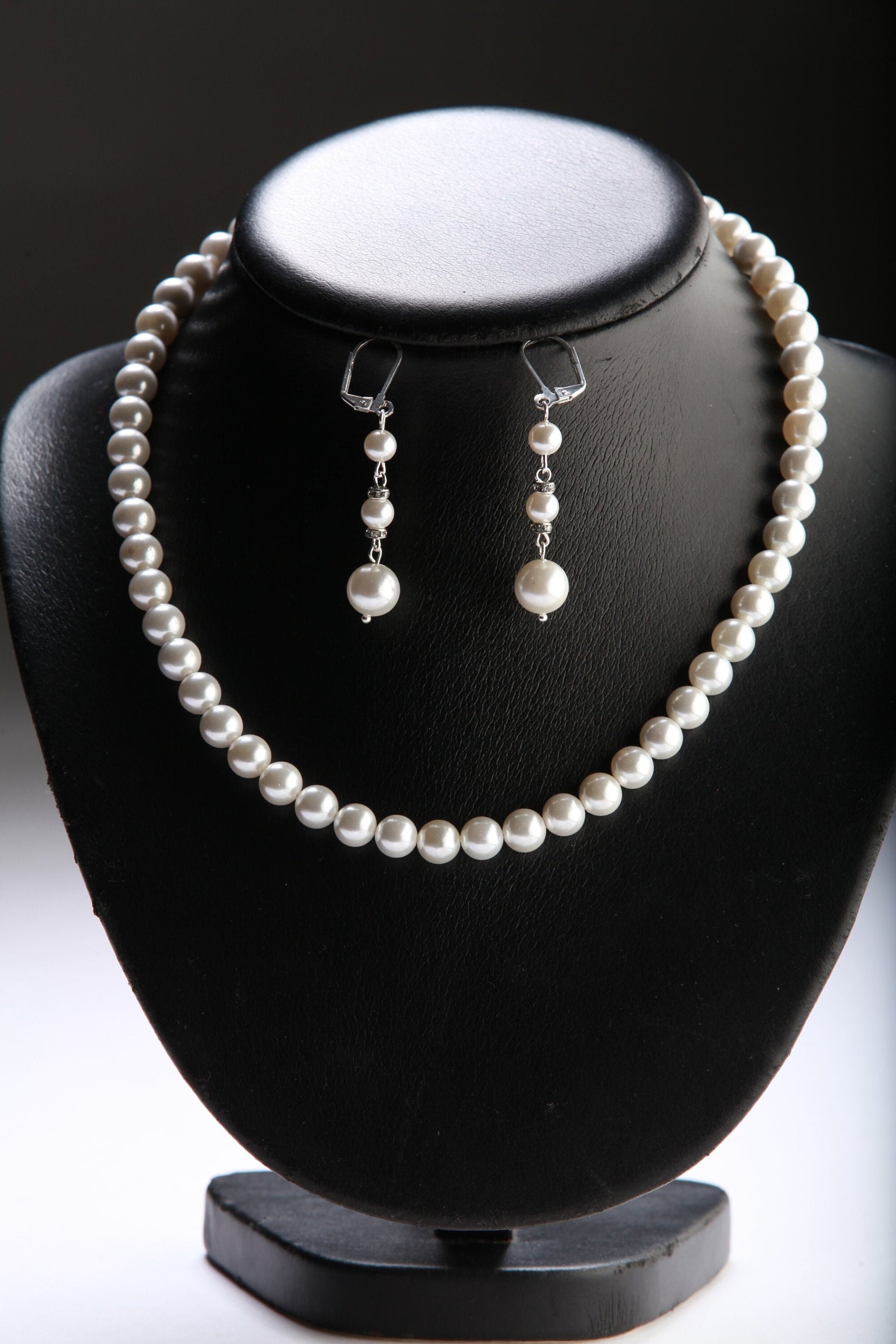 South Sea Shell Pearl 8mm Bridal Necklace, Dangling Earrings Sets, Fancy Rhodium Lobster Clasp 17” with 2&quot;Extension Chain Jewelry Set