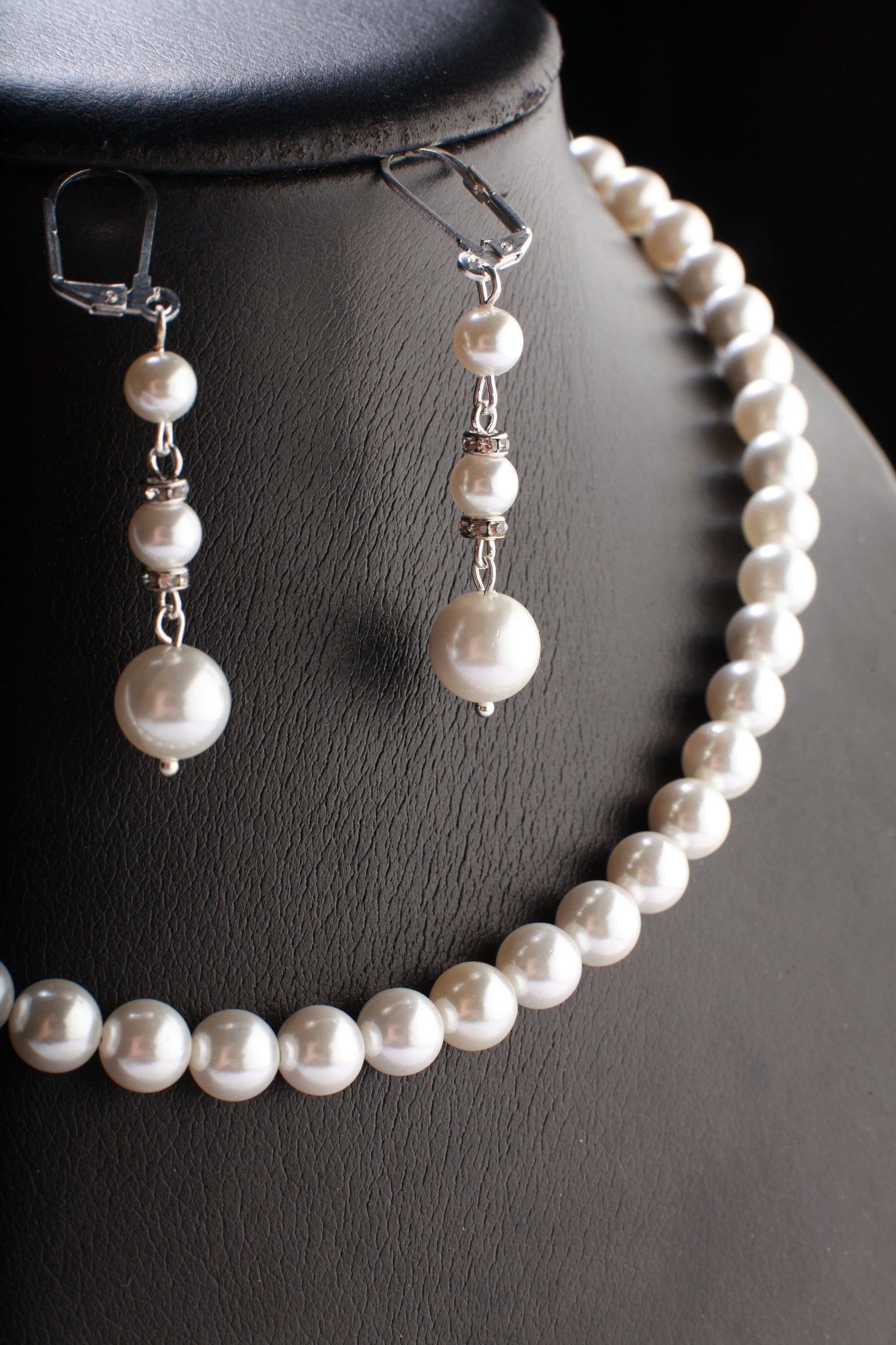 South Sea Shell Pearl 8mm Bridal Necklace, Dangling Earrings Sets, Fancy Rhodium Lobster Clasp 17” with 2&quot;Extension Chain Jewelry Set