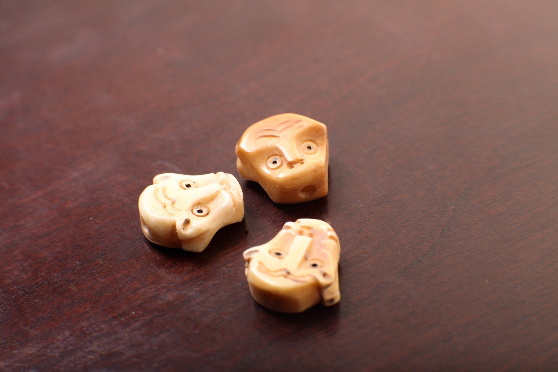 Carved Buffalo Bone Hand Craved Monkey Head, 12mm Top To Bottom Drilled Polished Double Sided Handcrafted Bead Charm, Art Deco