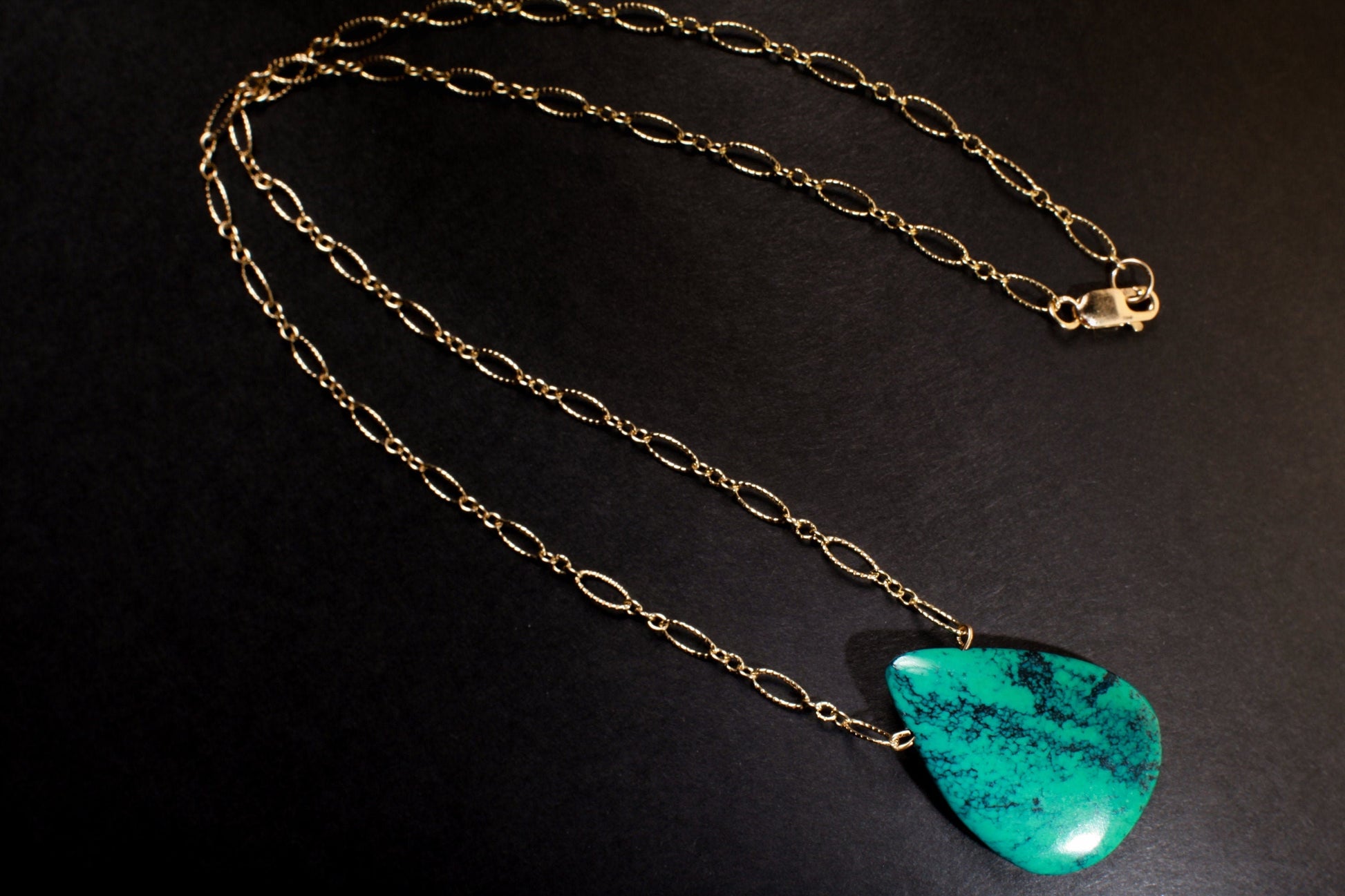 Genuine Tibetan Spiderweb Turquoise Double Sided Teardrop Pendant in 14K Gold Filled Corrugated Chain 20&quot; Gift For Her