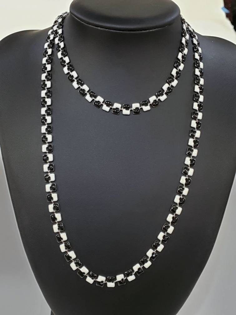 Black and white enamel designed anti turnish rhodium chain choker or long layering simple necklace .