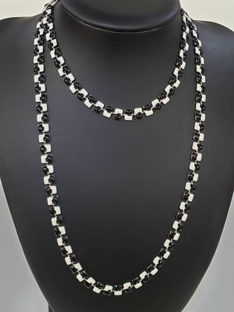 Black and white enamel designed anti turnish rhodium chain choker or long layering simple necklace .