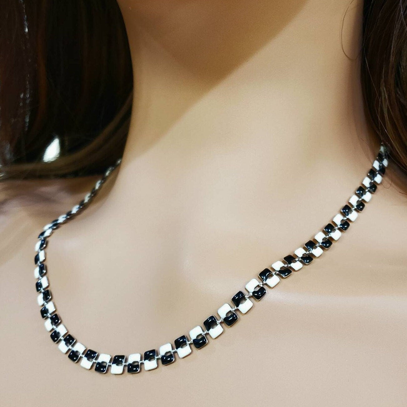 Black and white enamel designed anti turnish rhodium chain choker or long layering simple necklace .