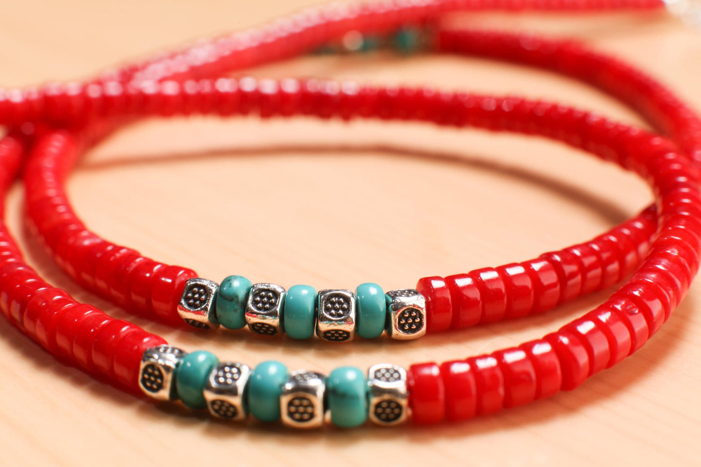 Genuine AAA Red Bamboo 4mm Coral Heishe and Turquoise 4mm Rondelle Spacers Silver Necklace, Coral heishi Necklace16"- 30" for Man and Woman.