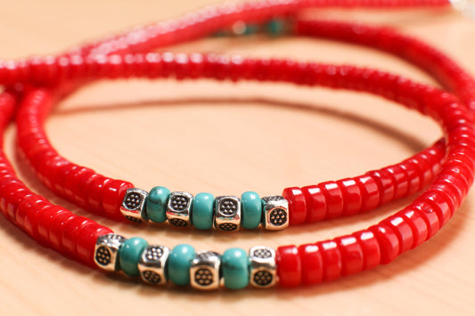 Genuine AAA Red Bamboo 4mm Coral Heishe and Turquoise 4mm Rondelle Spacers Silver Necklace, Coral heishi Necklace16"- 30" for Man and Woman.