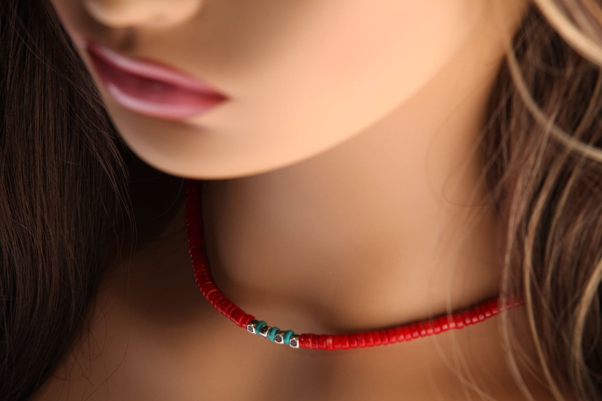 Genuine AAA Red Bamboo 4mm Coral Heishe and Turquoise 4mm Rondelle Spacers Silver Necklace, Coral heishi Necklace16"- 30" for Man and Woman.