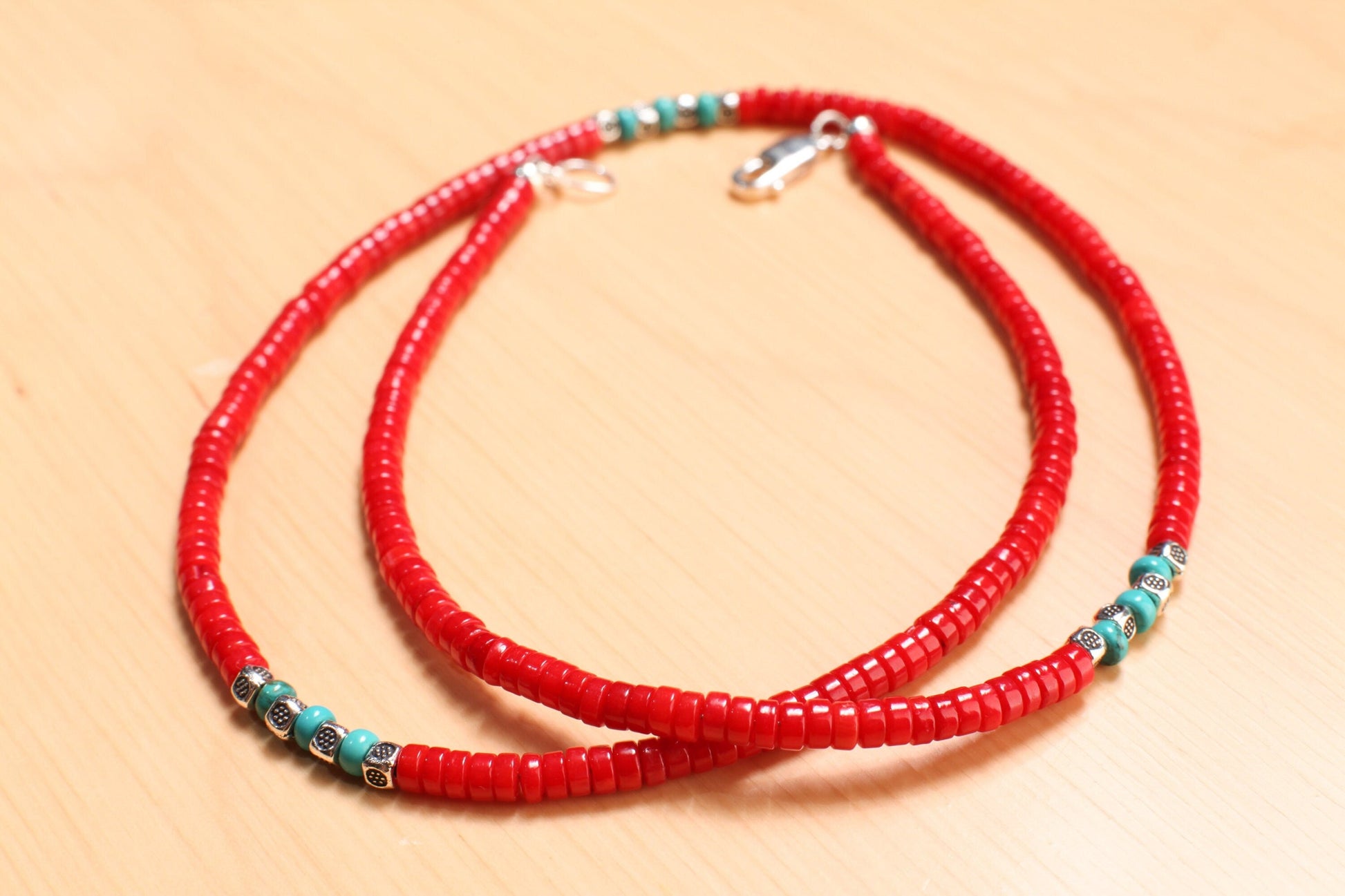 Genuine AAA Red Bamboo 4mm Coral Heishe and Turquoise 4mm Rondelle Spacers Silver Necklace, Coral heishi Necklace16"- 30" for Man and Woman.