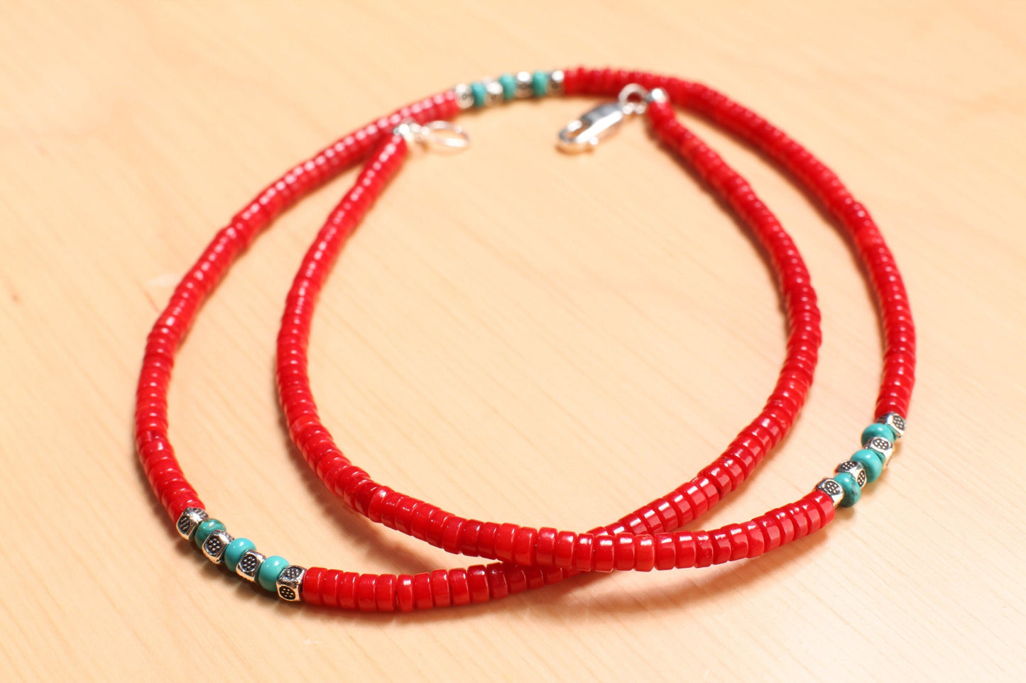 Genuine AAA Red Bamboo 4mm Coral Heishe and Turquoise 4mm Rondelle Spacers Silver Necklace, Coral heishi Necklace16&quot;- 30&quot; for Man and Woman.