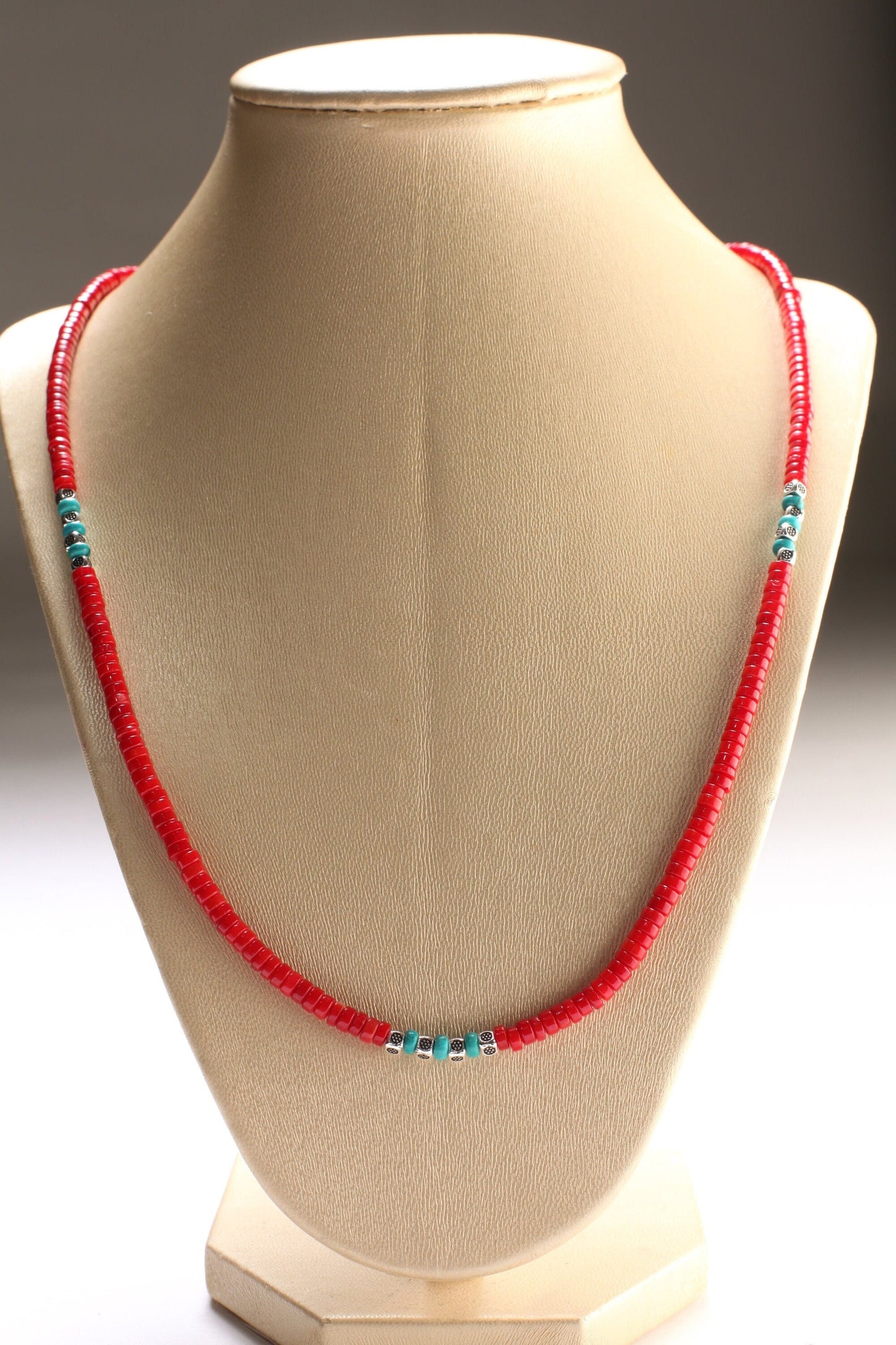 Genuine AAA Red Bamboo 4mm Coral Heishe and Turquoise 4mm Rondelle Spacers Silver Necklace, Coral heishi Necklace16"- 30" for Man and Woman.