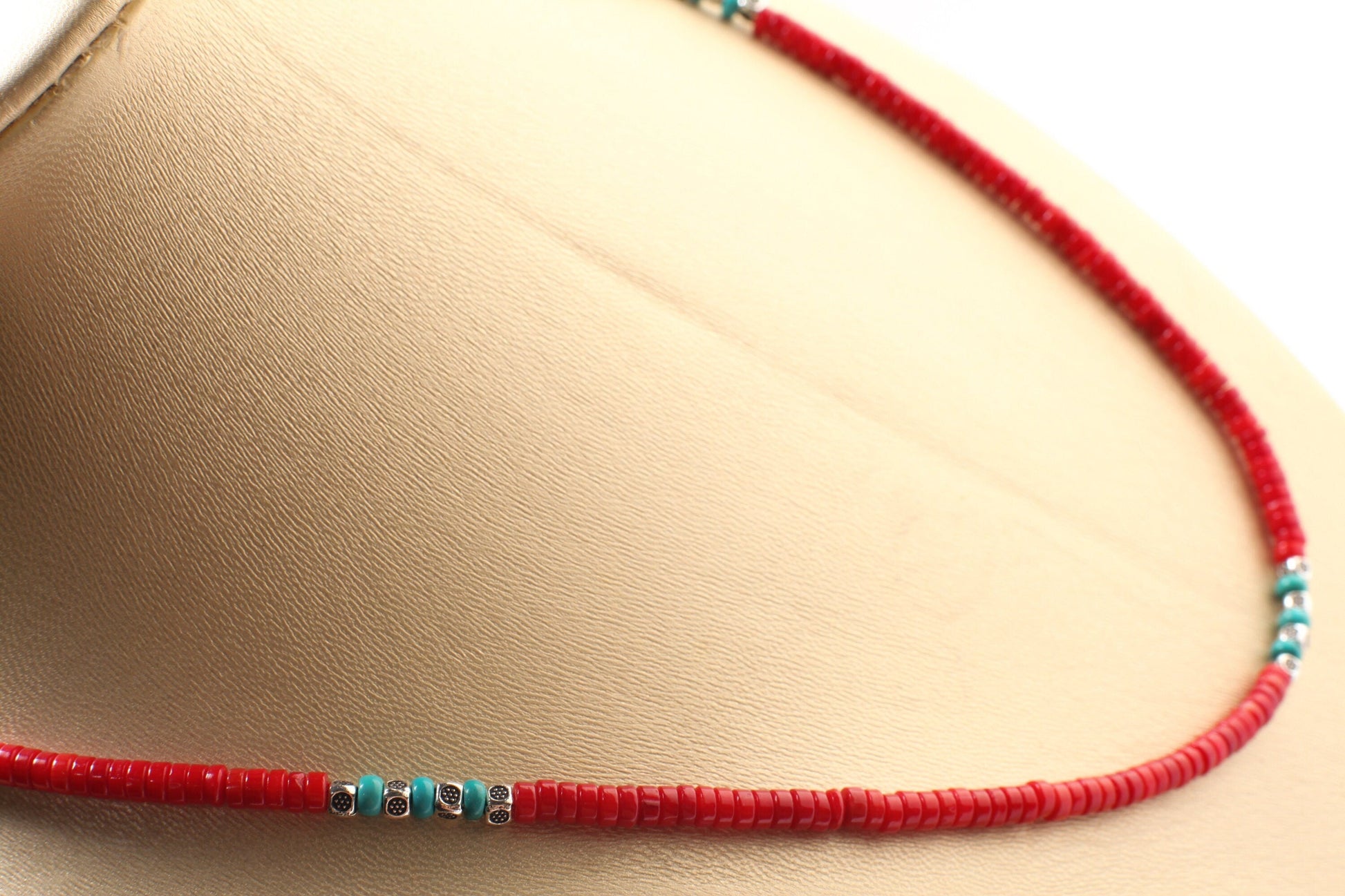 Genuine AAA Red Bamboo 4mm Coral Heishe and Turquoise 4mm Rondelle Spacers Silver Necklace, Coral heishi Necklace16&quot;- 30&quot; for Man and Woman.