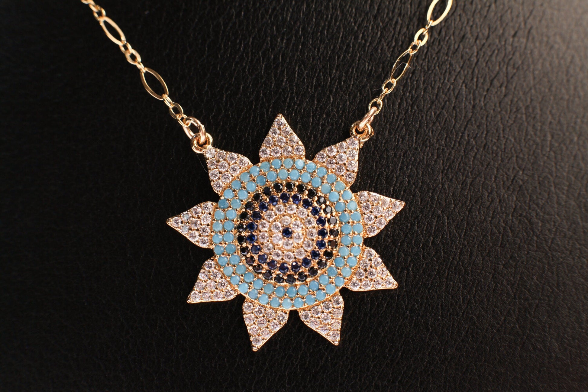 Cubic Zirconia Micro Pave CZ Diamond Large Evil Eye Sun Pendant 28.5mm with 14K Gold Filled Chain Necklace