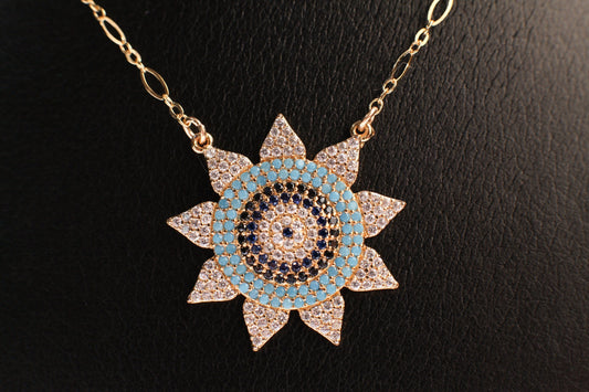 Cubic Zirconia Micro Pave CZ Diamond Large Evil Eye Sun Pendant 28.5mm with 14K Gold Filled Chain Necklace