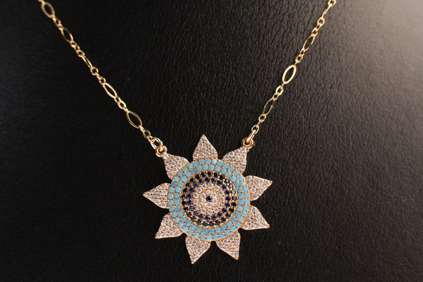 Cubic Zirconia Micro Pave CZ Diamond Large Evil Eye Sun Pendant 28.5mm with 14K Gold Filled Chain Necklace