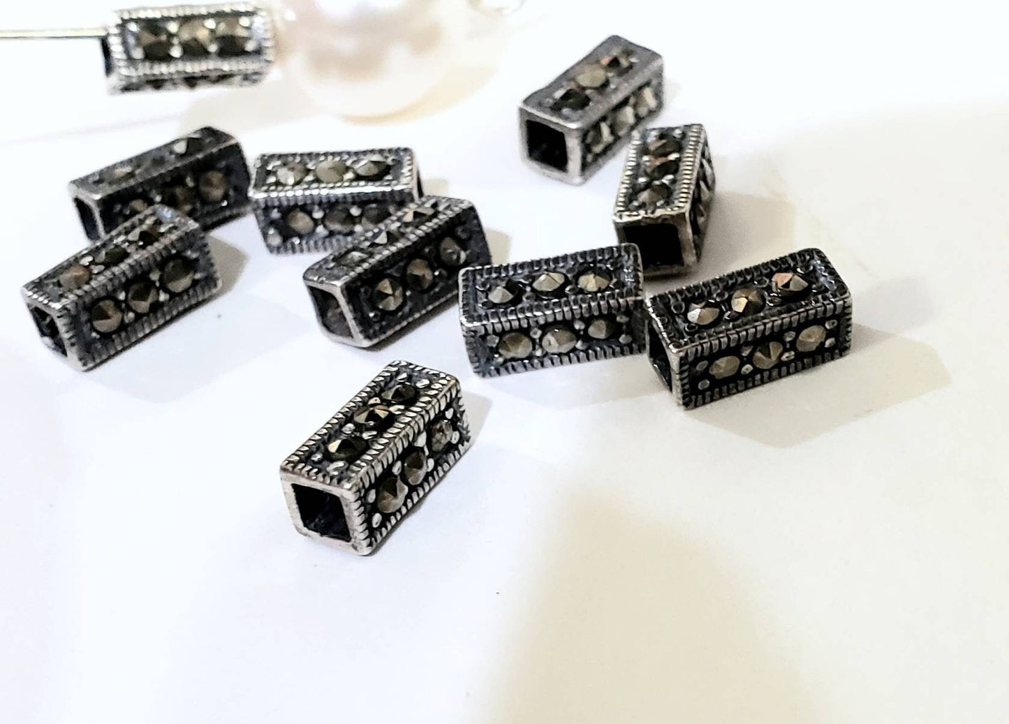 2 pieces Marcasite 925 sterling silver 4.5x9mm square rectangular shape vintage Antique spacer bead , jewelry making spacer bead.