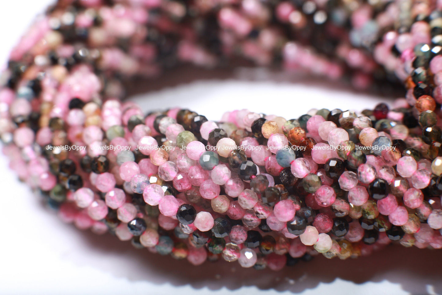 Natural Watermelon multi Tourmaline 2mm Faceted Micro Diamond Cut Round 15.5&quot; Strand