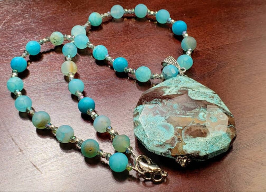 Ocean Jasper large pendant with matte fire agate natural gemstone handmade necklace 18&quot; plus 2&quot; extension to 20&quot;. Gift