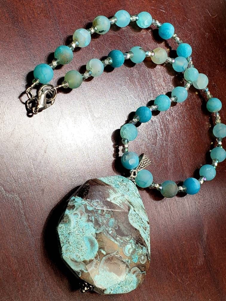 Ocean Jasper large pendant with matte fire agate natural gemstone handmade necklace 18&quot; plus 2&quot; extension to 20&quot;. Gift