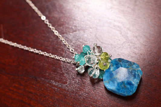 Natural Apatite Pillow Shape Pendant with Cluster Aquamarine, Peridot, Neon Apatite in 925 Sterling Silver Chain Necklace, Minimalist gift,