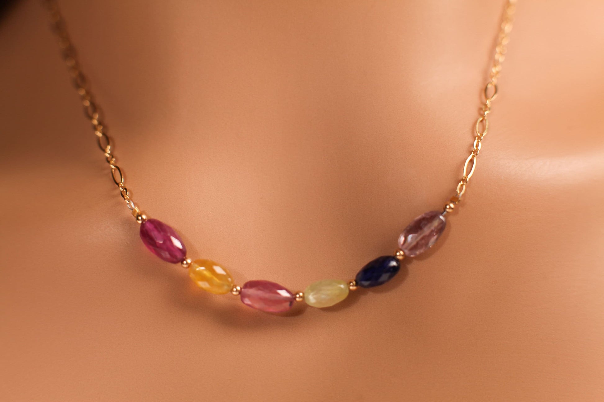 Natural Multi Sapphire Faceted Oval 5x8-9mm Gemstone Bar Necklace with 14K Gold Filled Spacers, Clasps and Chain, Elegant Gift for her