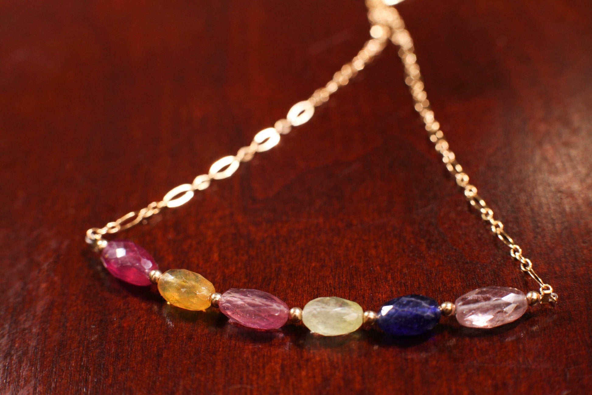 Natural Multi Sapphire Faceted Oval 5x8-9mm Gemstone Bar Necklace with 14K Gold Filled Spacers, Clasps and Chain, Elegant Gift for her