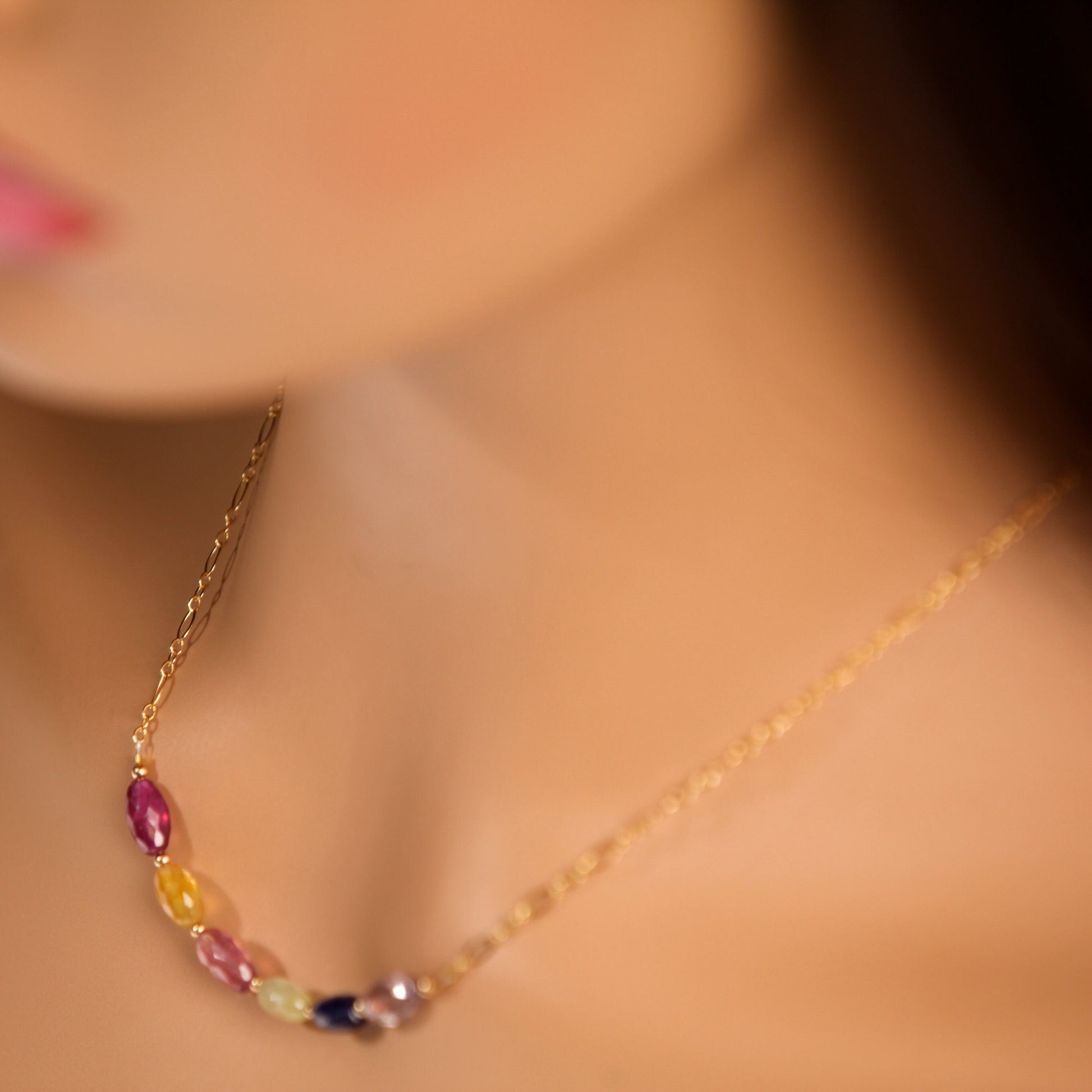 Natural Multi Sapphire Faceted Oval 5x8-9mm Gemstone Bar Necklace with 14K Gold Filled Spacers, Clasps and Chain, Elegant Gift for her