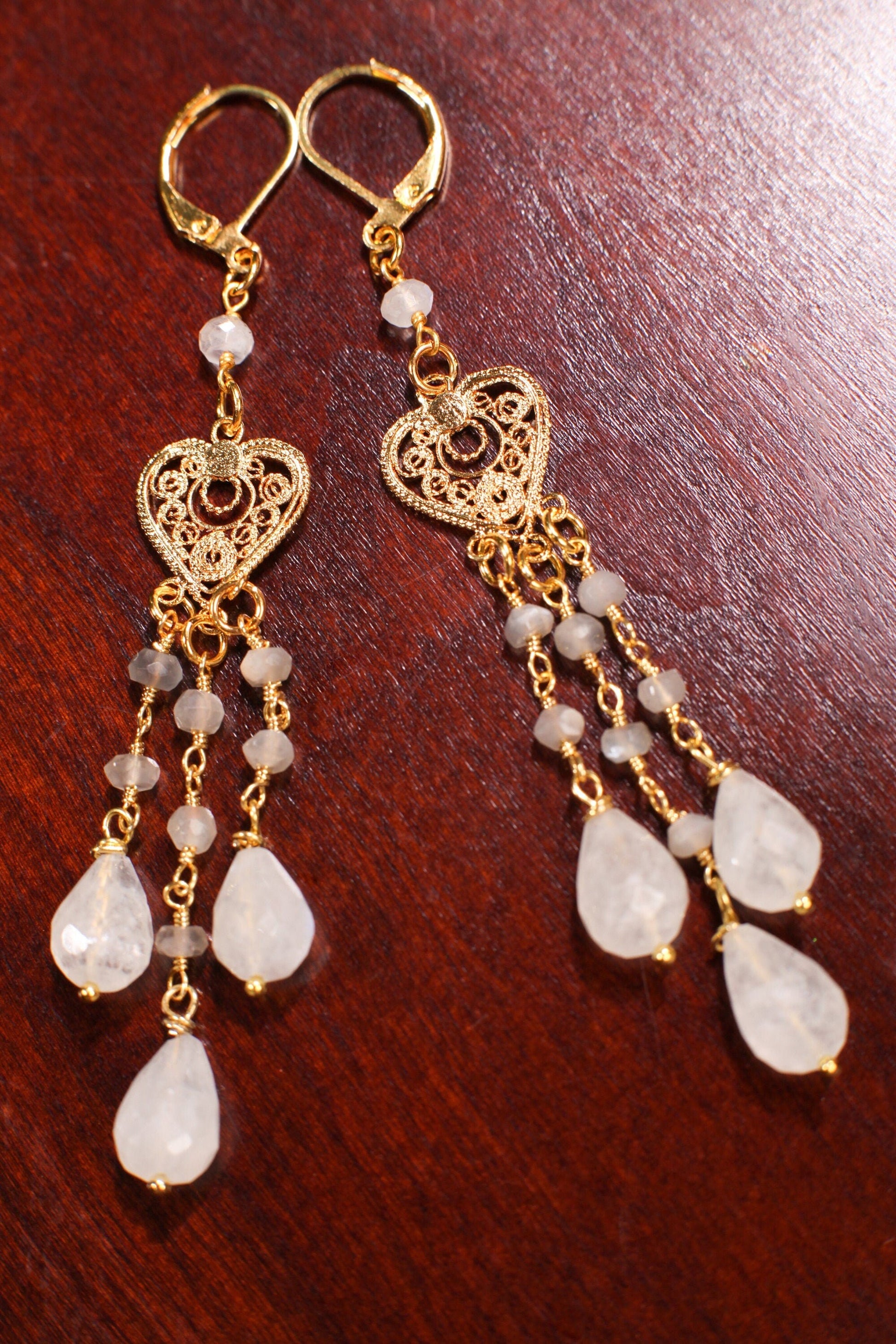 Genuine Rainbow Moonstone Dangling Faceted Briolette 7x10-11mm Teardrop with Gray Moonstone Spacers Chandelier heart Gold Leverback Earrings