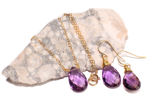 Genuine Amethyst 10x15mm AAA Quality Faceted Teardrop Wire Wrapped Pendant necklace or Earrings or buy as a Set in 14K Gold Filled