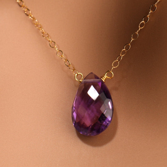Genuine Amethyst 10x15mm AAA Quality Faceted Teardrop Wire Wrapped Pendant necklace or Earrings or buy as a Set in 14K Gold Filled
