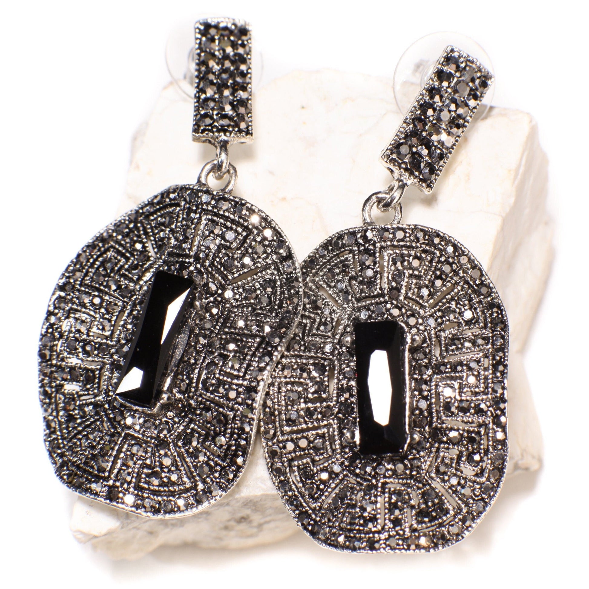 Marcasite Style Crystal Earrings Post with Dangle Black Onyx Rectangle Shape Waved Oval Venetian Earrings, Gift for her