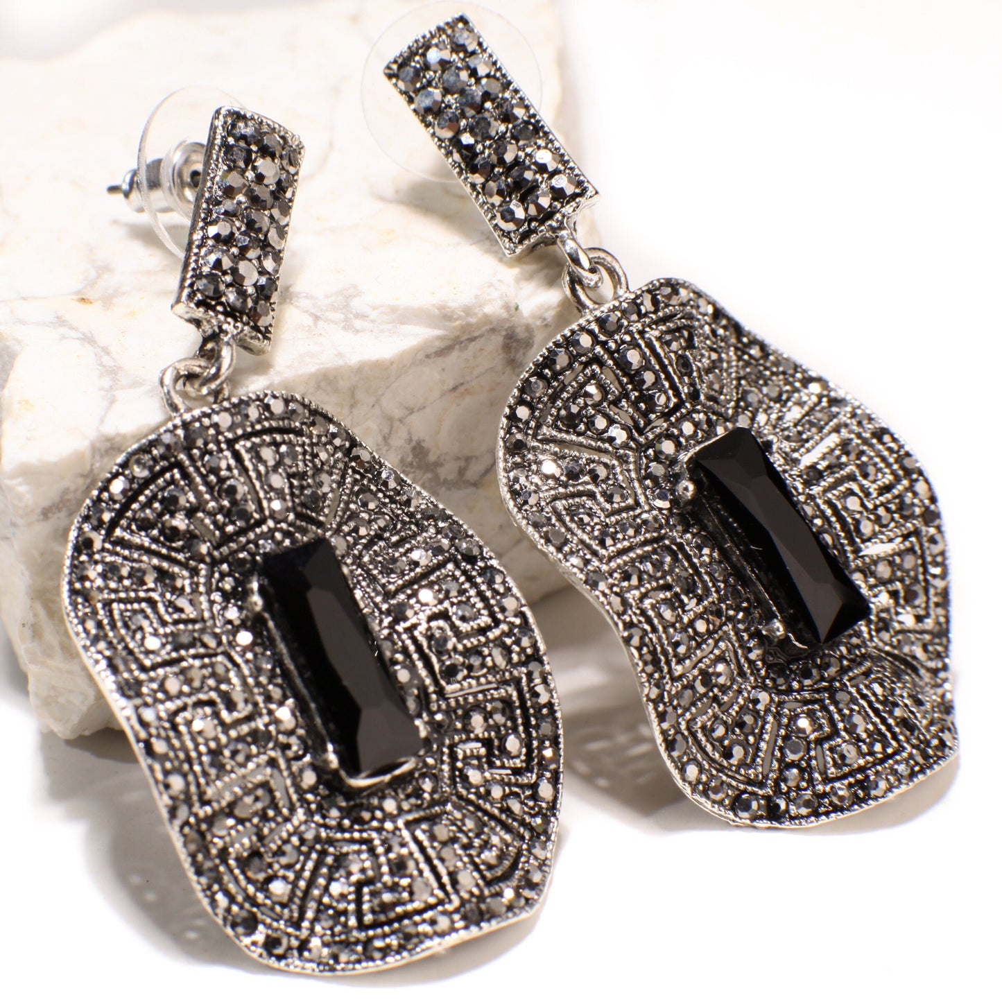 Marcasite Style Crystal Earrings Post with Dangle Black Onyx Rectangle Shape Waved Oval Venetian Earrings, Gift for her