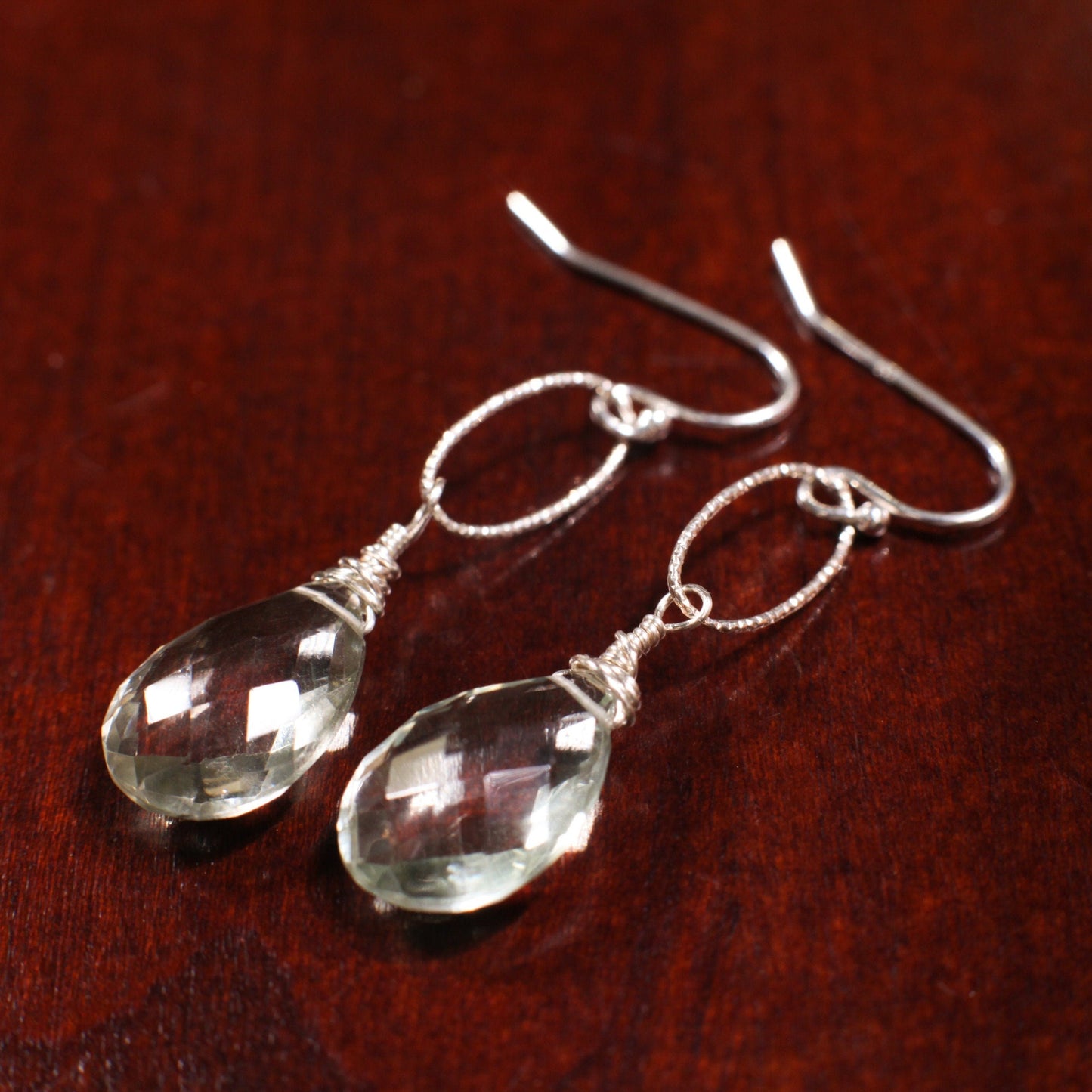 Green Amethyst, Prasiolite drop Cut Faceted 10x16mm Teardrop Wire Wrapped Dangling on 925 Sterling Silver Diamond Cut Oval Earrings,Gift