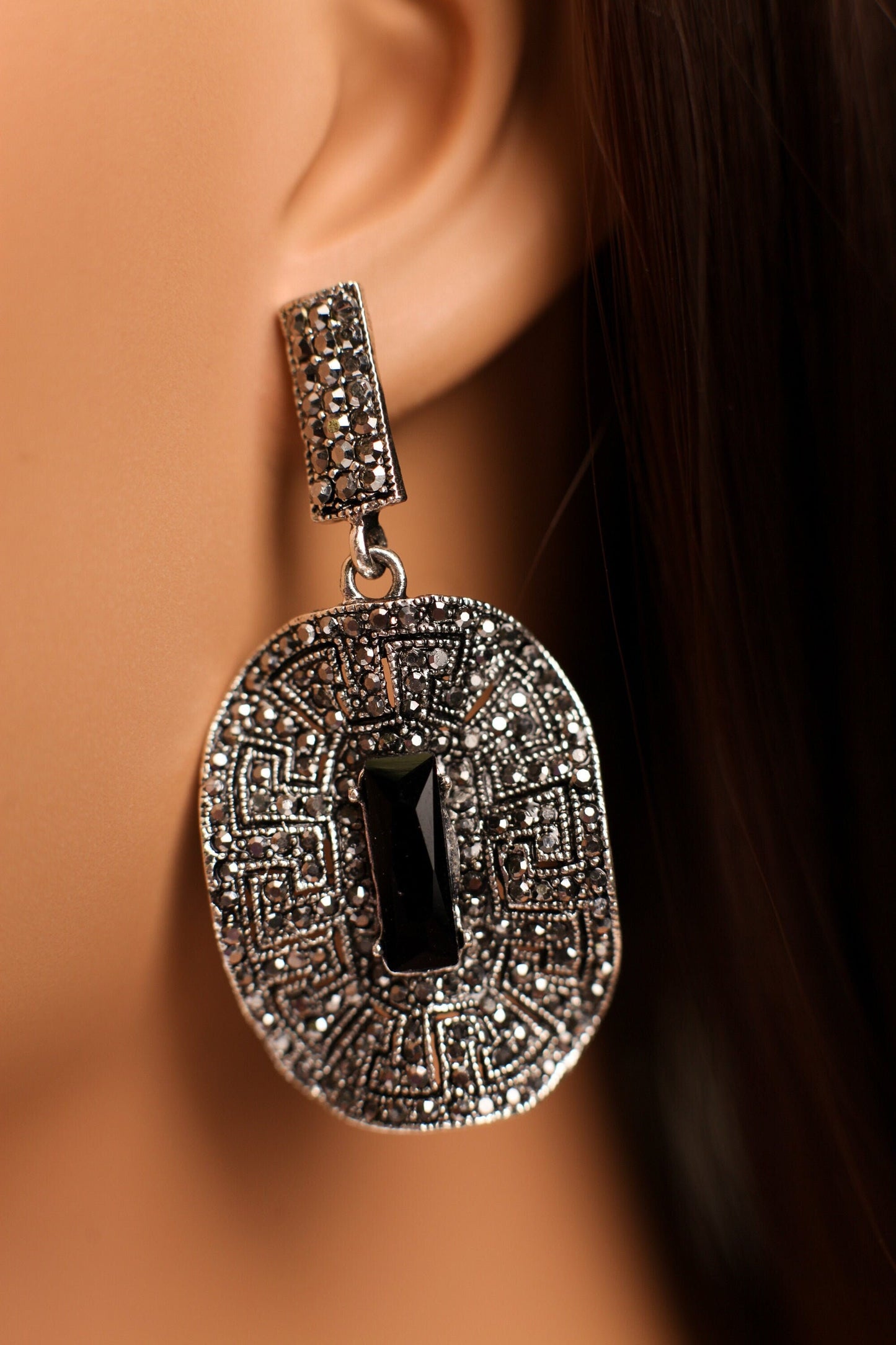 Marcasite Style Crystal Earrings Post with Dangle Black Onyx Rectangle Shape Waved Oval Venetian Earrings, Gift for her