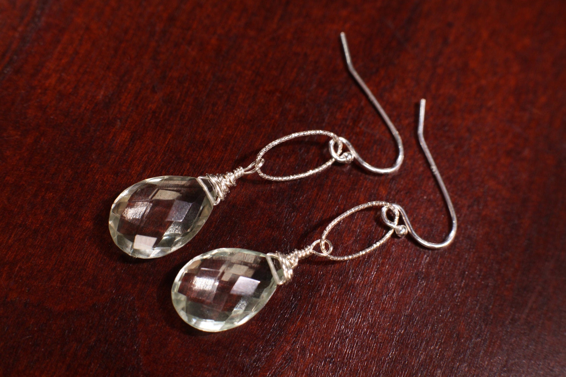 Green Amethyst, Prasiolite drop Cut Faceted 10x16mm Teardrop Wire Wrapped Dangling on 925 Sterling Silver Diamond Cut Oval Earrings,Gift