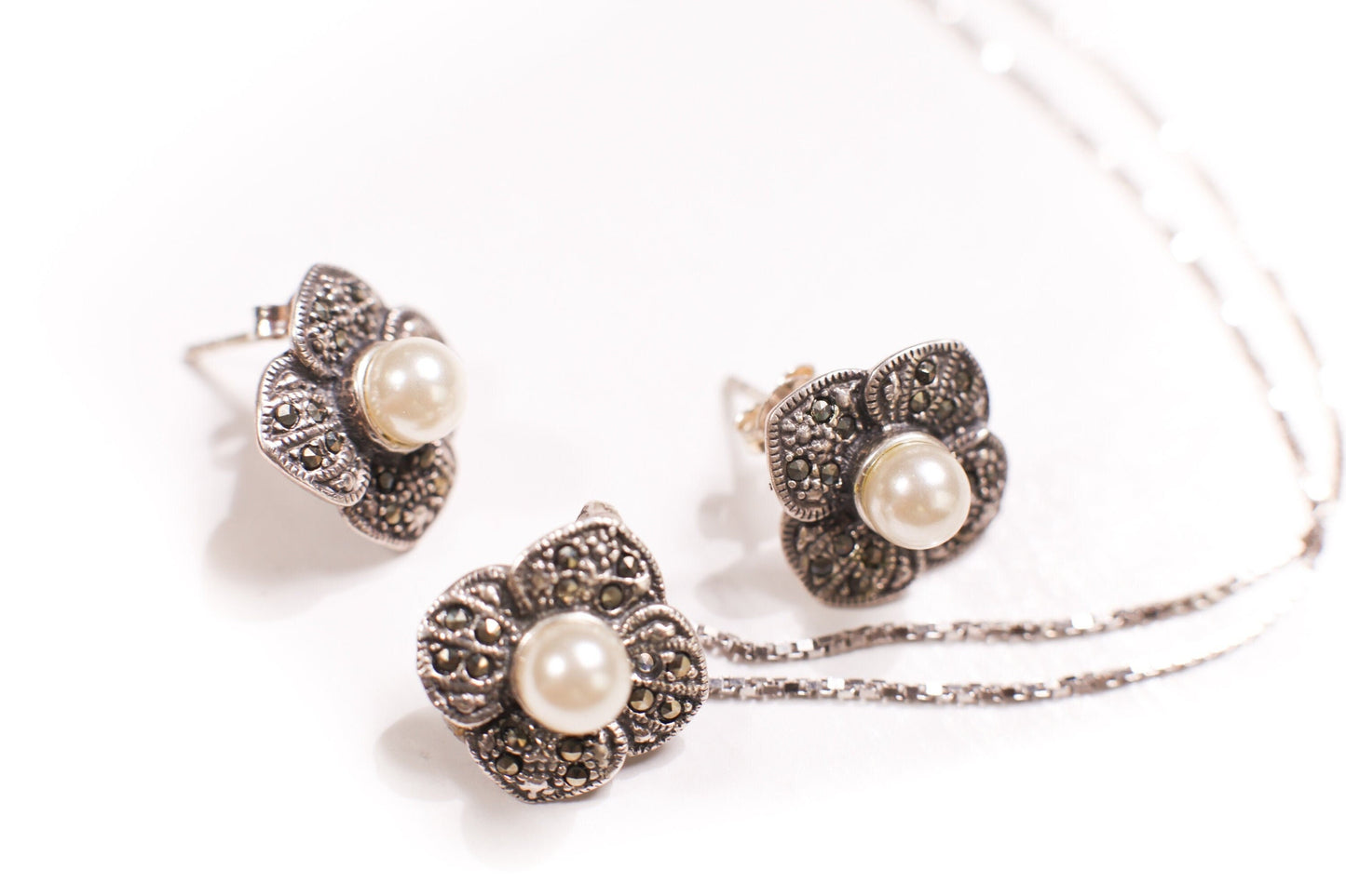 925 Sterling Silver Marcasite with Pearl 15mm Flower Post Earrings and Sterling Silver Box Chain 16&quot; Necklace Jewelry Set